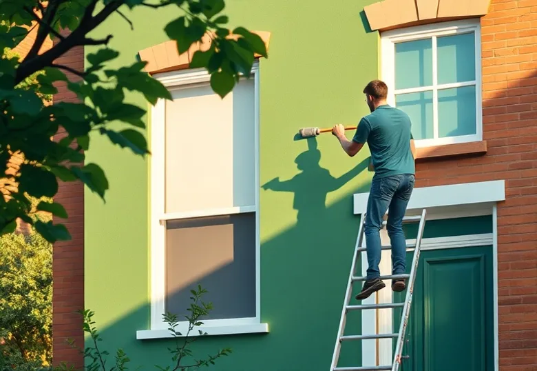 Peintre sur échafaudage traitant la façade d'une maison