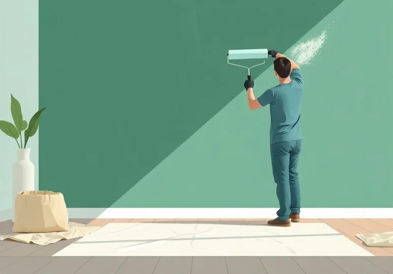 Peintre appliquant la peinture au rouleau sur un mur de salon